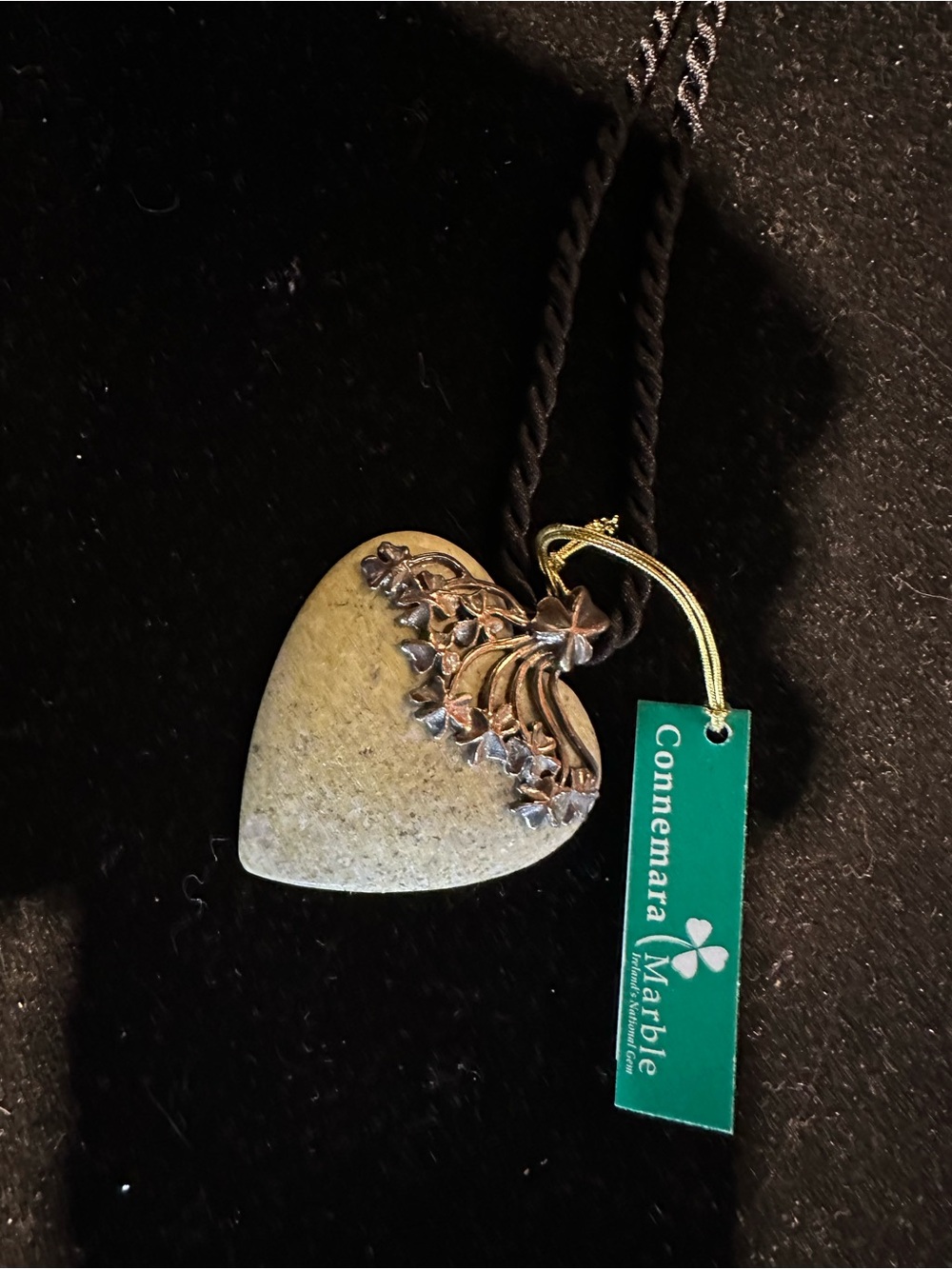 Connemara Marble Heart Pendant Necklace - Green Stone with Silver Floral Accent